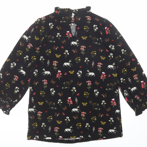 Oasis Womens Black Geometric Polyester Basic Blouse Size XS Round Neck - Flowers and Unicorn Print