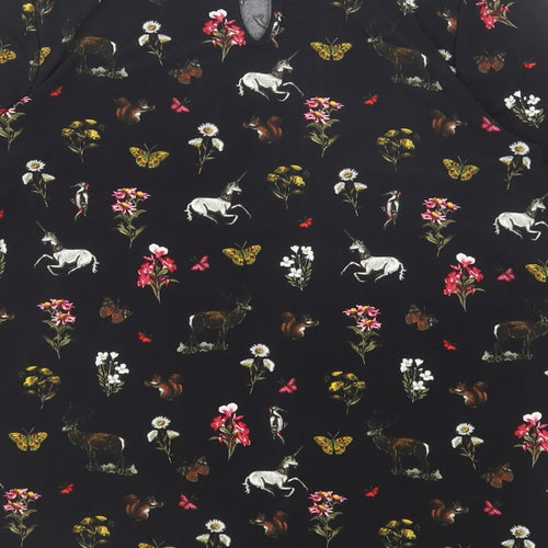 Oasis Womens Black Geometric Polyester Basic Blouse Size XS Round Neck - Flowers and Unicorn Print