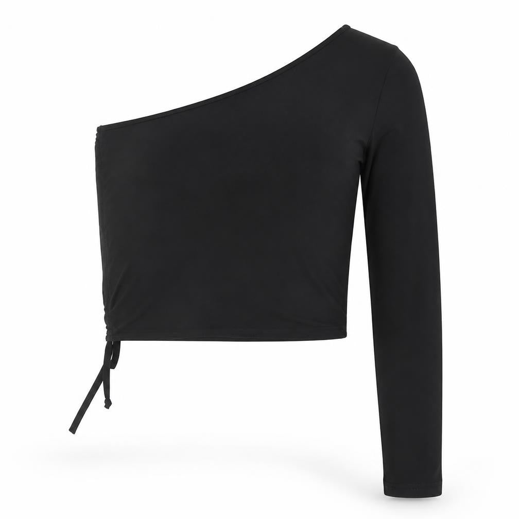 Front view of PRETTYLITTLETHING women’s black polyester basic blouse, size UK 14, one shoulder - asymmetric neckline