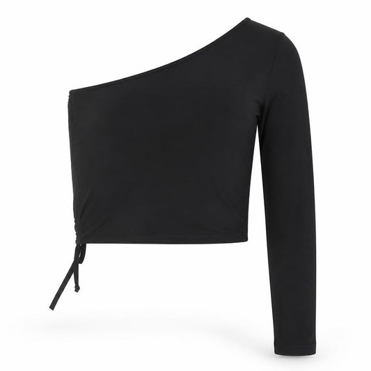 Front view of PRETTYLITTLETHING women’s black polyester basic blouse, size UK 14, one shoulder - asymmetric neckline