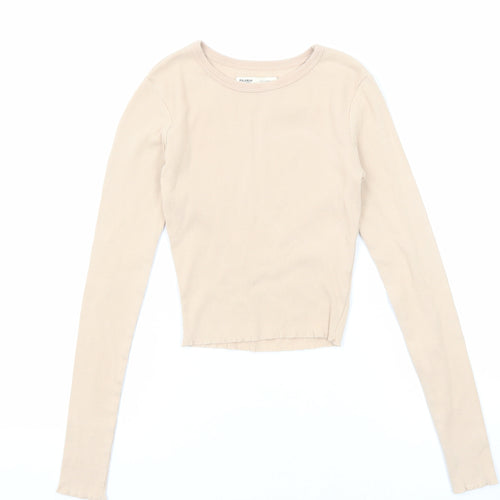 Pull&Bear Womens Beige Cotton Basic T-Shirt Size XS Round Neck