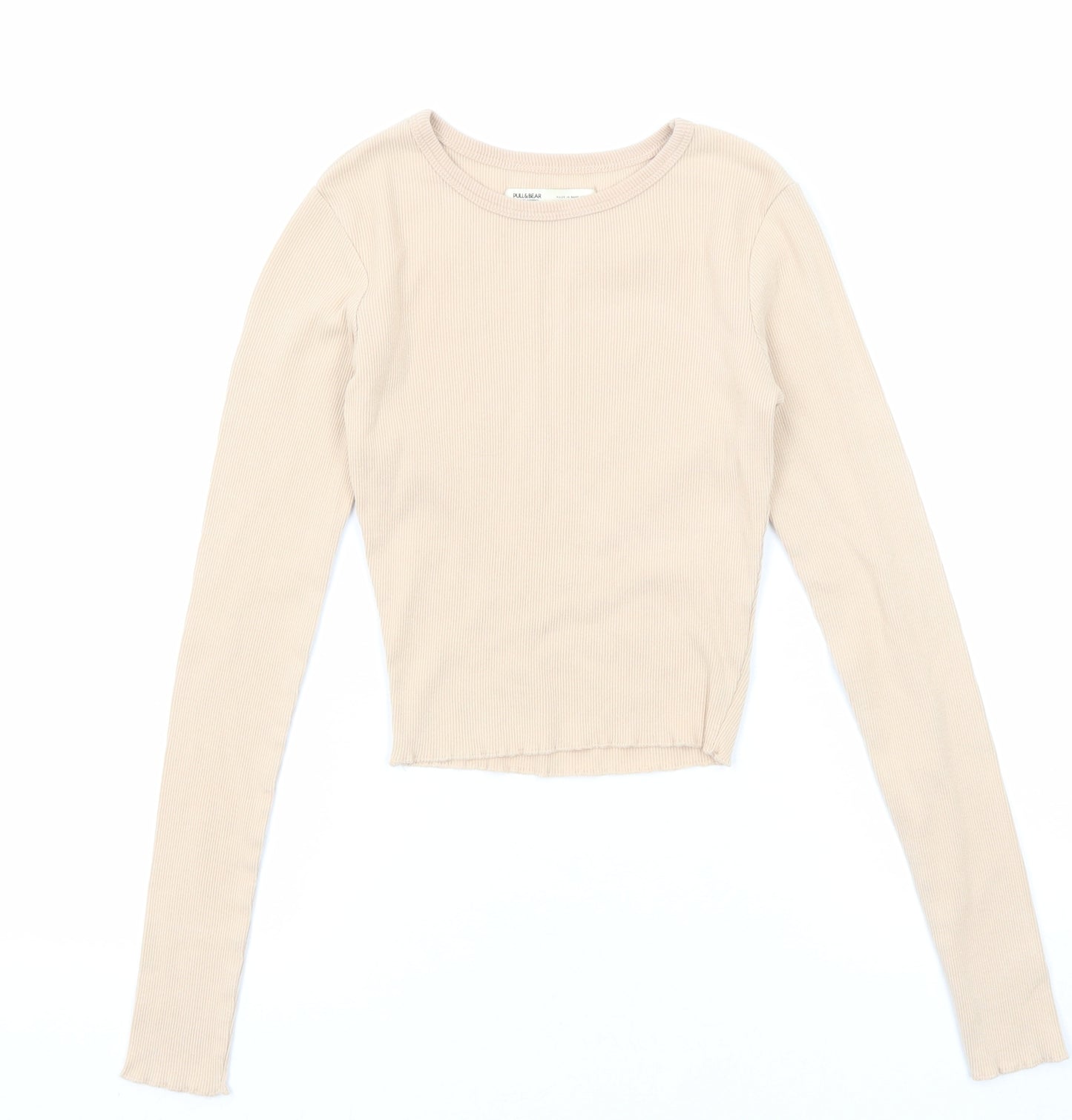 Pull&Bear Womens Beige Cotton Basic T-Shirt Size XS Round Neck