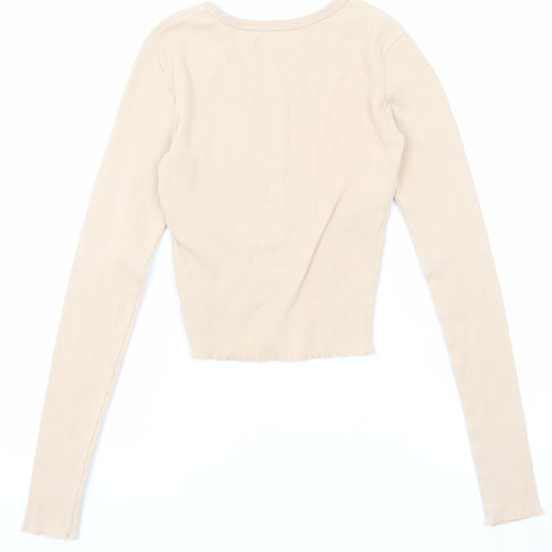 Pull&Bear Womens Beige Cotton Basic T-Shirt Size XS Round Neck