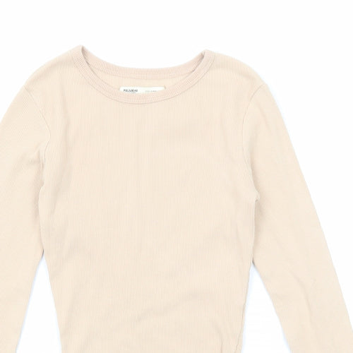 Pull&Bear Womens Beige Cotton Basic T-Shirt Size XS Round Neck
