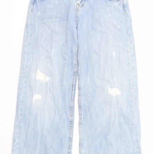 Marks and Spencer Girls Blue Cotton Wide-Leg Jeans Size 10-11 Years Regular Zip - Distressed