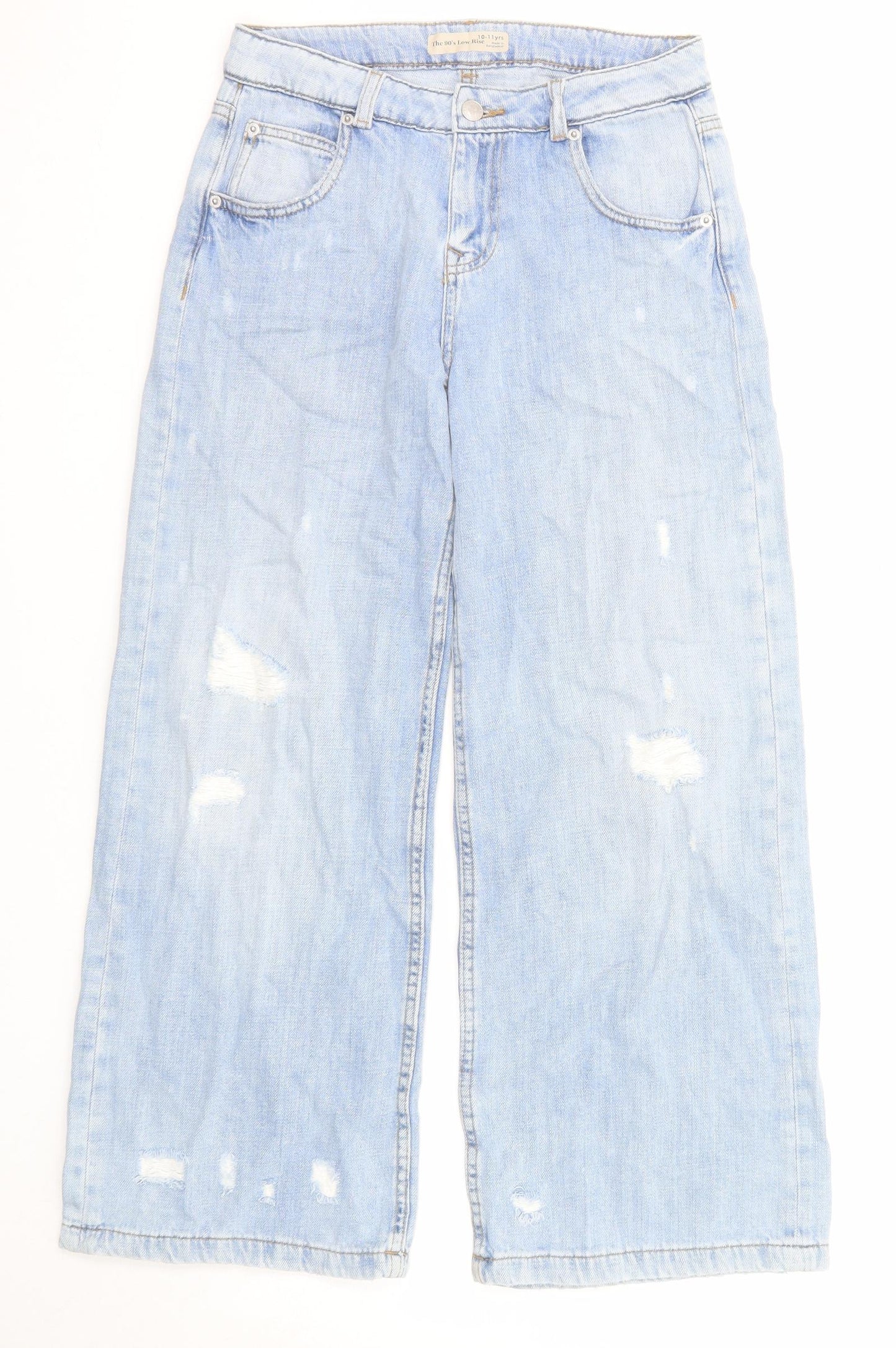 Marks and Spencer Girls Blue Cotton Wide-Leg Jeans Size 10-11 Years Regular Zip - Distressed
