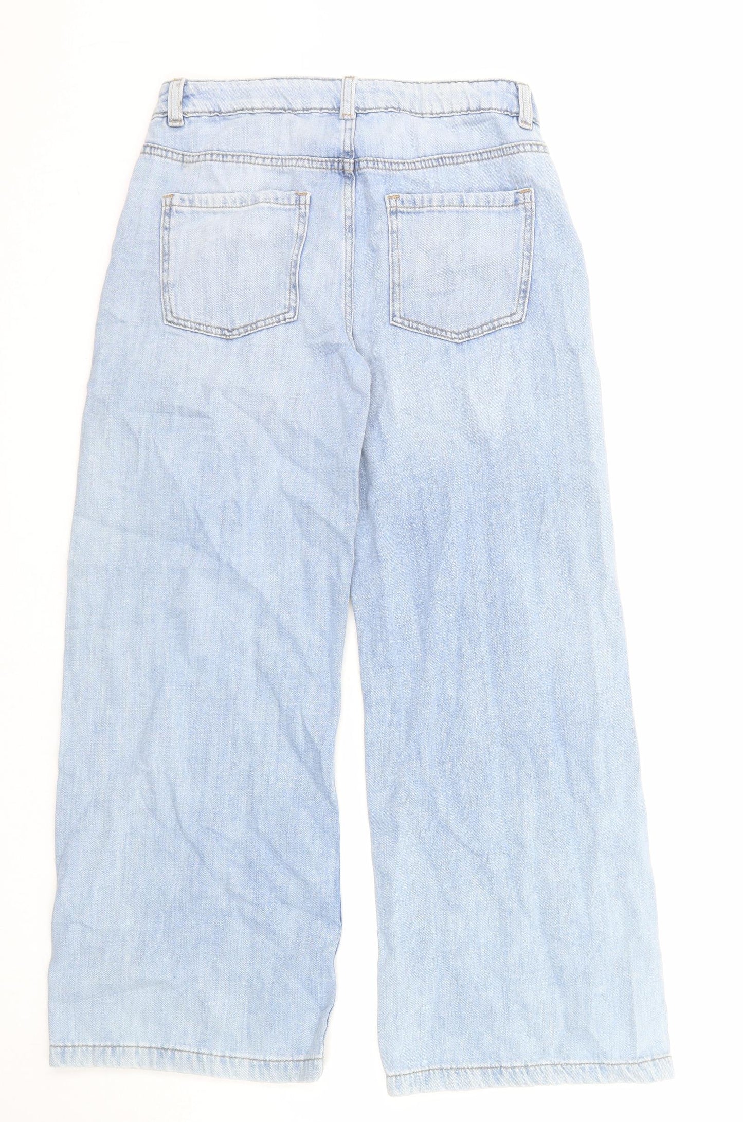 Marks and Spencer Girls Blue Cotton Wide-Leg Jeans Size 10-11 Years Regular Zip - Distressed