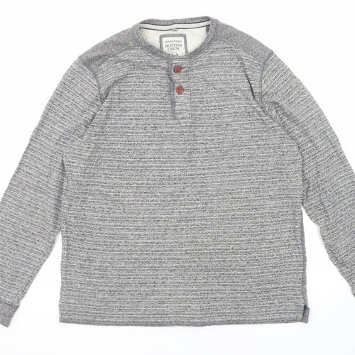 Boston Crew Mens Grey Cotton T-Shirt Size L Crew Neck Button