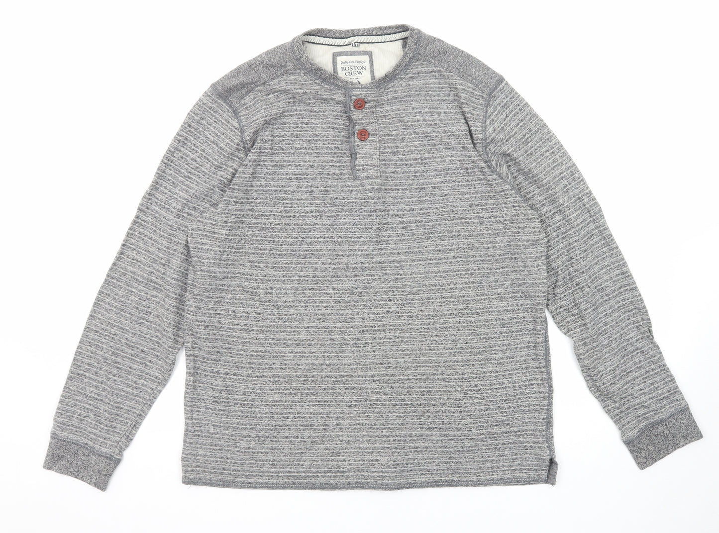Boston Crew Mens Grey Cotton T-Shirt Size L Crew Neck Button
