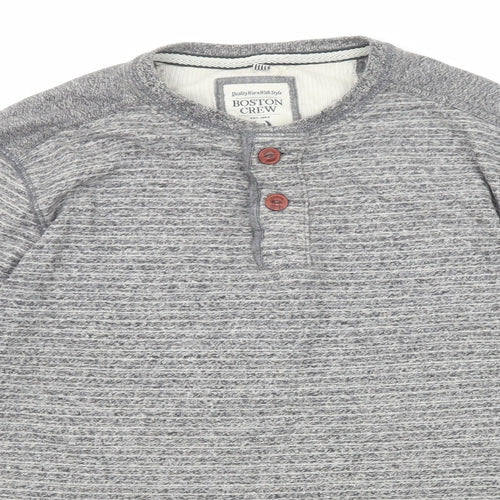 Boston Crew Mens Grey Cotton T-Shirt Size L Crew Neck Button