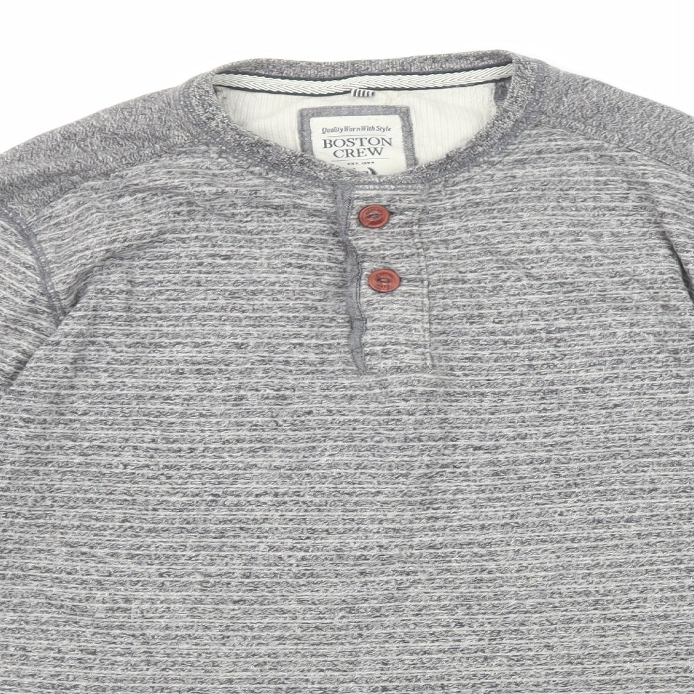 Boston Crew Mens Grey Cotton T-Shirt Size L Crew Neck Button