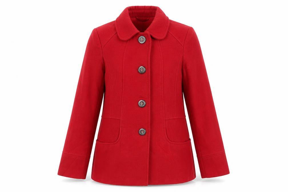 Front view of BHS women’s red pea coat coat, size UK 10, button