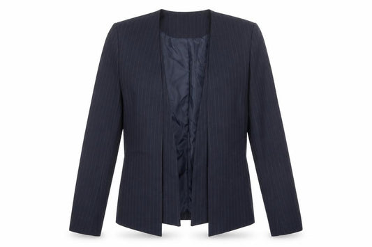 Front view of Next women’s blue striped polyester jacket blazer, size UK 12, - open