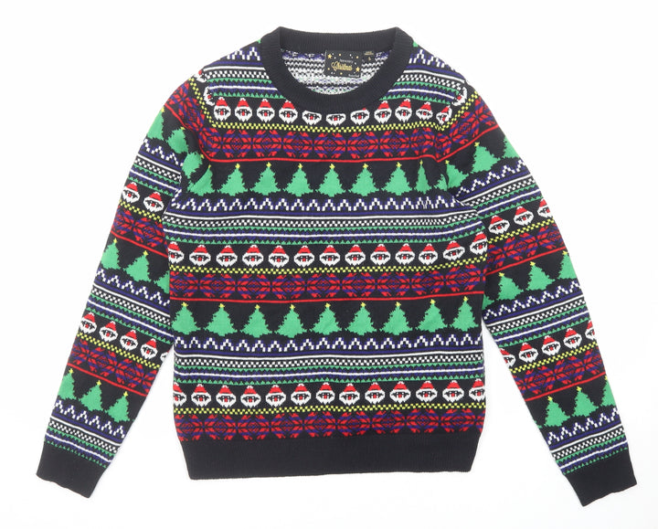 Brave Soul Mens Black Round Neck Fair Isle Acrylic Pullover Jumper Size S Long Sleeve - Christmas tree Father Christmas