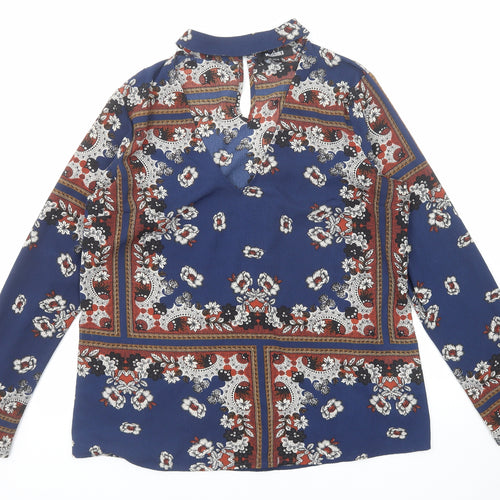 Missguided Womens Blue Geometric Polyester Basic Blouse Size 12 V-Neck