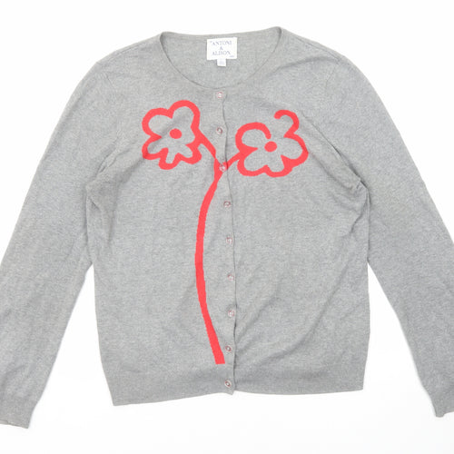Antoni & Alison Womens Grey Round Neck Floral Acrylic Cardigan Jumper Size L