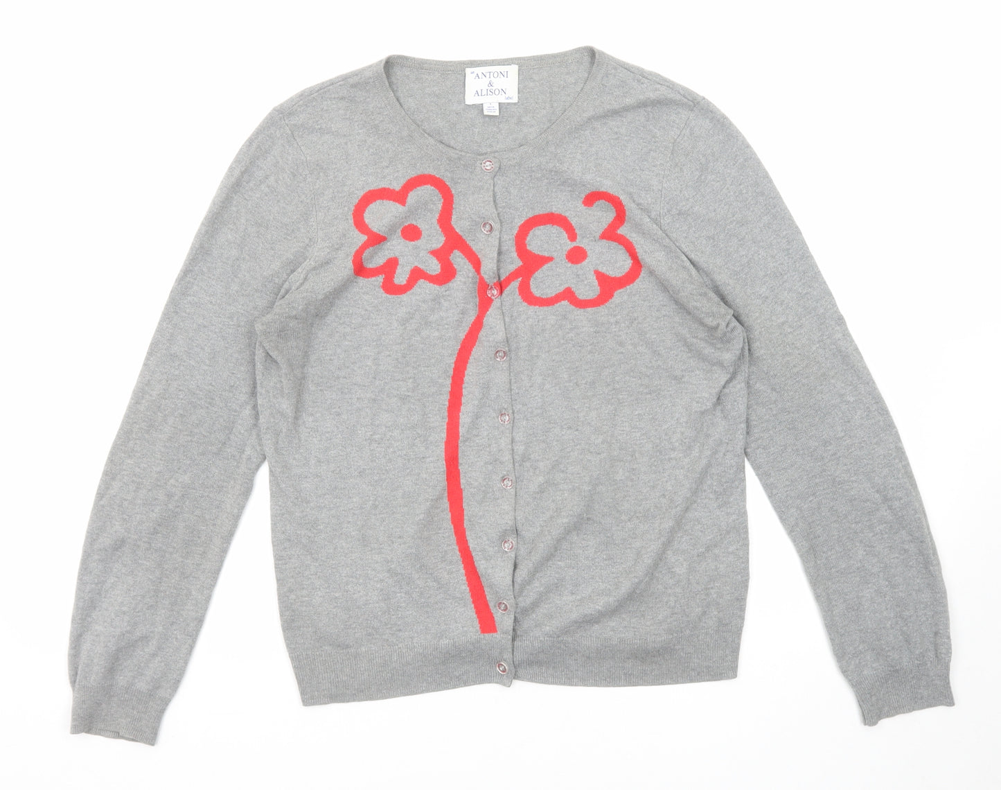 Antoni & Alison Womens Grey Round Neck Floral Acrylic Cardigan Jumper Size L