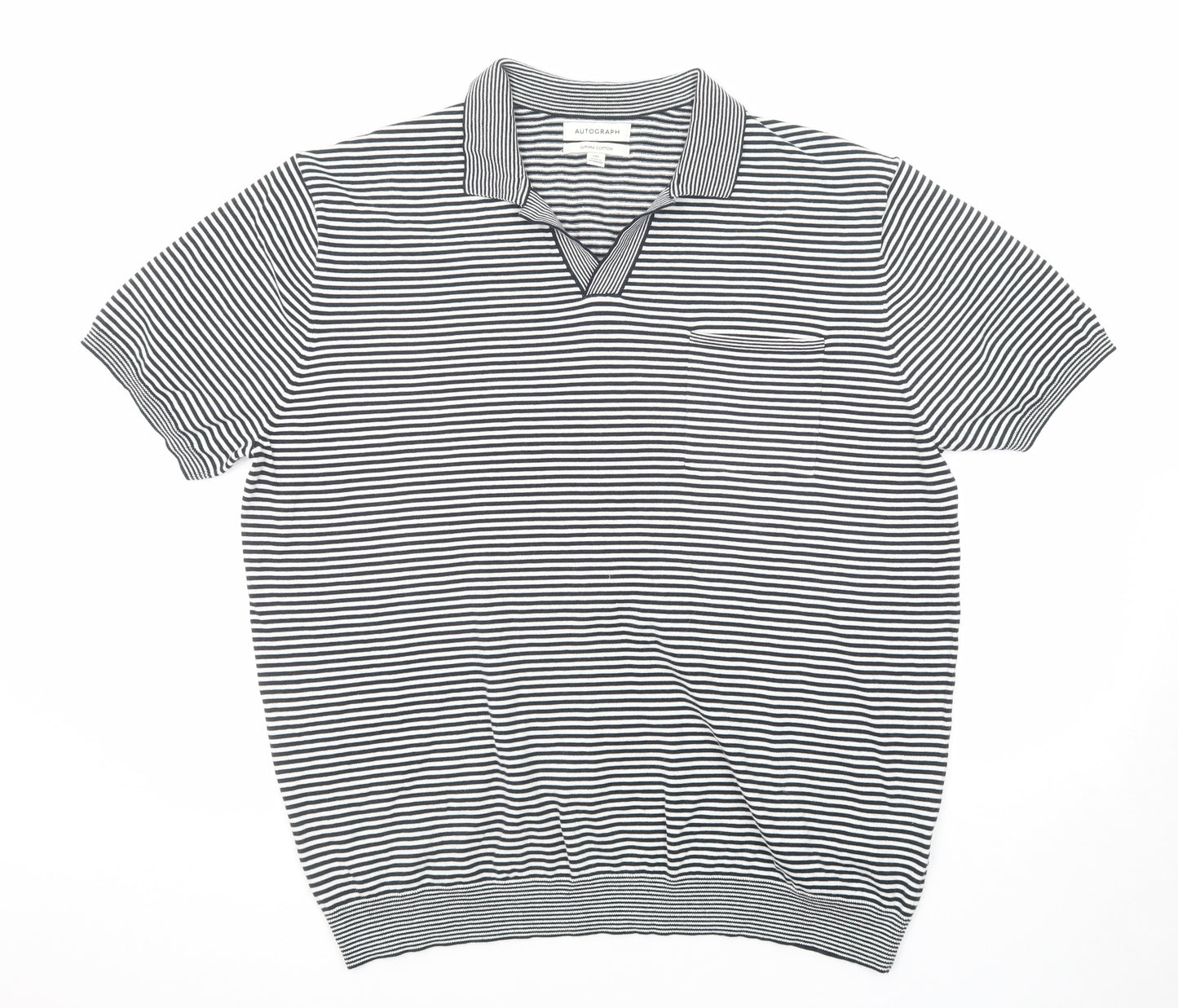 Autograph Mens Black Collared Striped Cotton Pullover Jumper Size 2XL Short Sleeve