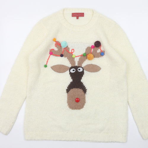 NEXT Womens White Round Neck Acrylic Pullover Jumper Size 14 - Reindeer Christmas