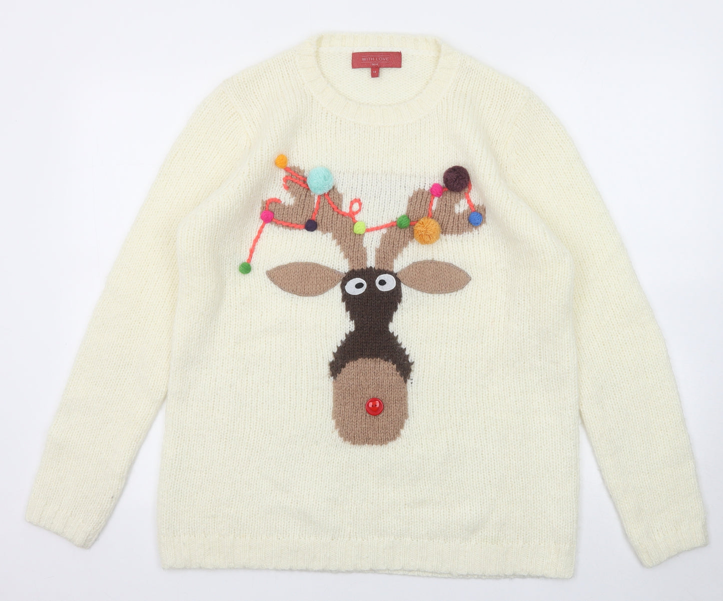 NEXT Womens White Round Neck Acrylic Pullover Jumper Size 14 - Reindeer Christmas