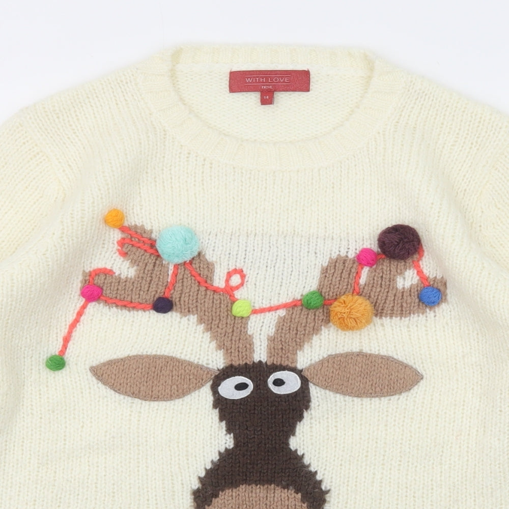 NEXT Womens White Round Neck Acrylic Pullover Jumper Size 14 - Reindeer Christmas