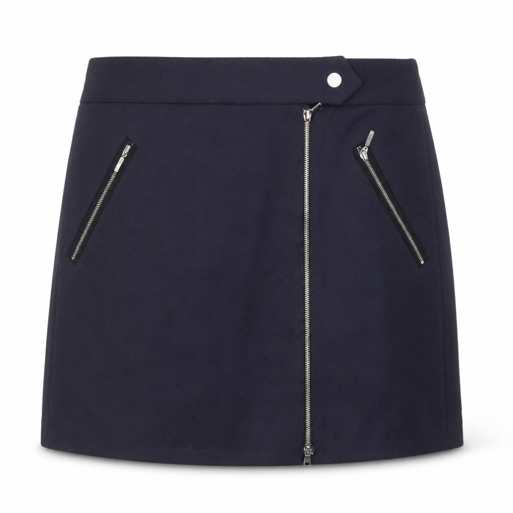 Front view of Next women’s blue polyester a-line skirt, size UK 8, zip