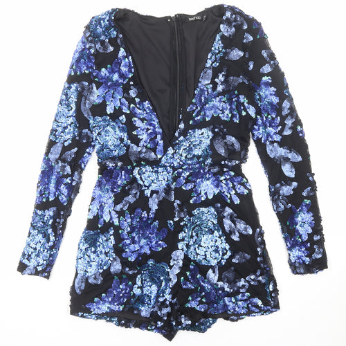 Boohoo Womens Black Floral Polyester Playsuit One-Piece Size 10 Zip