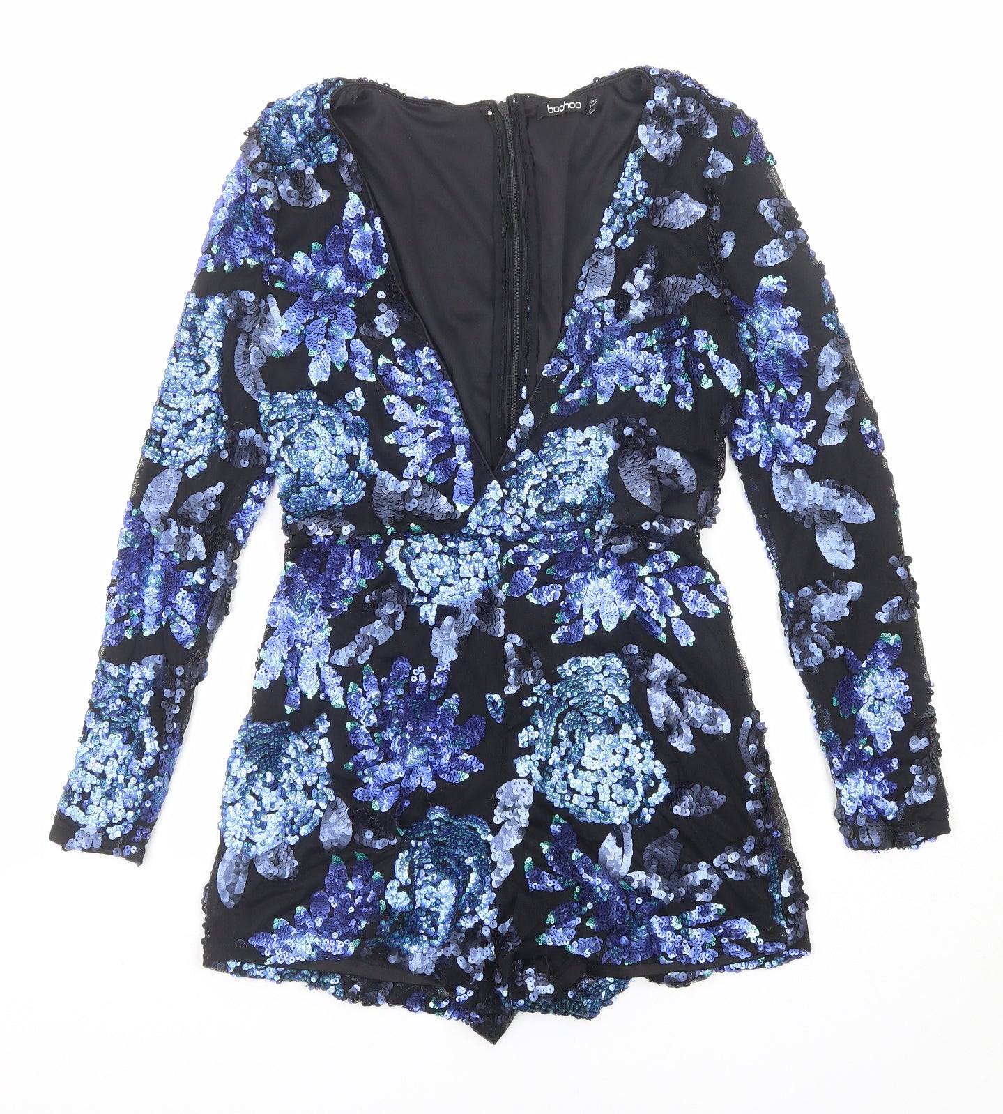 Boohoo Womens Black Floral Polyester Playsuit One-Piece Size 10 Zip