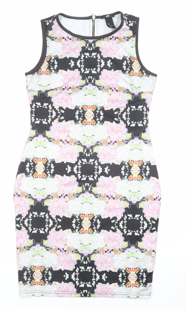 H&M Womens Multicoloured Geometric Polyester Bodycon Size S Round Neck Zip