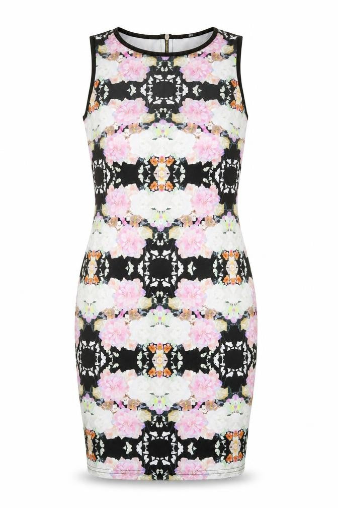 Front view of H&M women’s multicoloured geometric polyester bodycon, size S, round neck zip