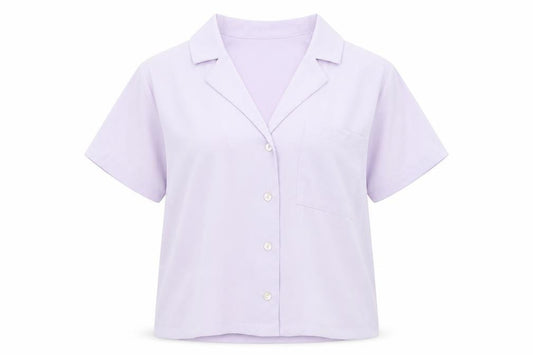 Front view of Forever 21 women’s purple polyester basic button-up, size S, collared
