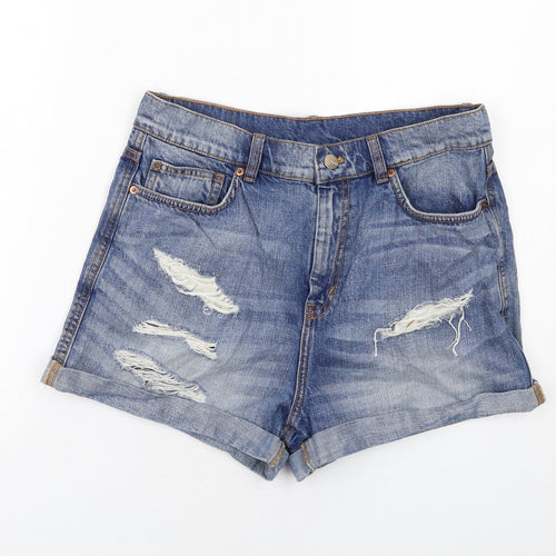 Monki Womens Blue Cotton Boyfriend Shorts Size 12 Regular Zip - Distressed Look