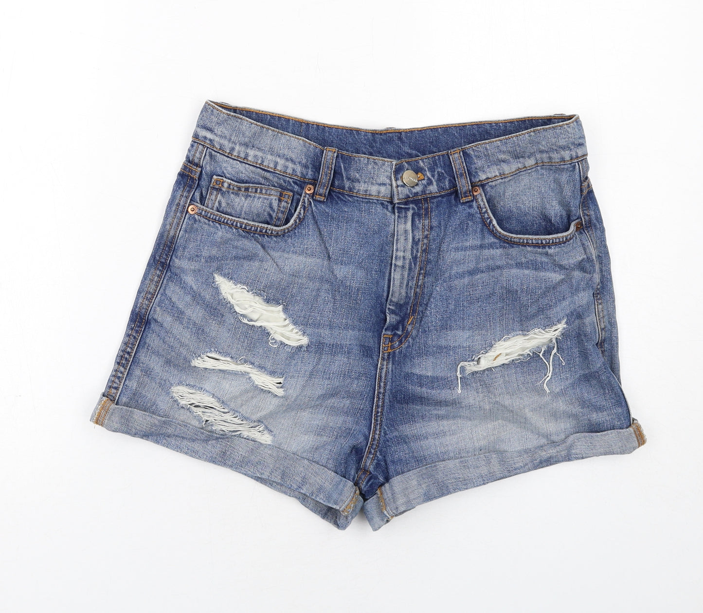 Monki Womens Blue Cotton Boyfriend Shorts Size 12 Regular Zip - Distressed Look