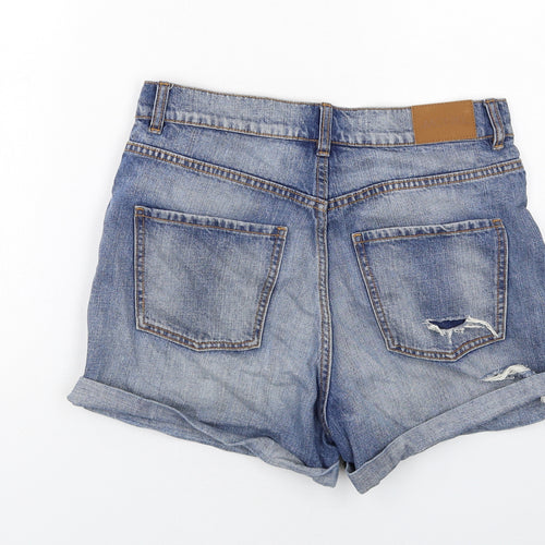 Monki Womens Blue Cotton Boyfriend Shorts Size 12 Regular Zip - Distressed Look
