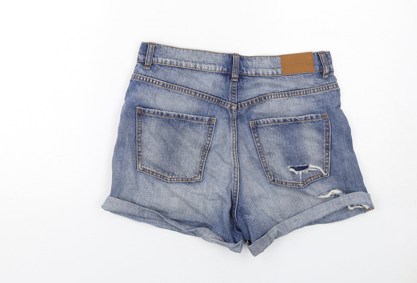 Monki Womens Blue Cotton Boyfriend Shorts Size 12 Regular Zip - Distressed Look