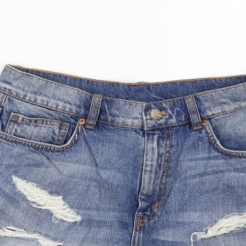 Monki Womens Blue Cotton Boyfriend Shorts Size 12 Regular Zip - Distressed Look
