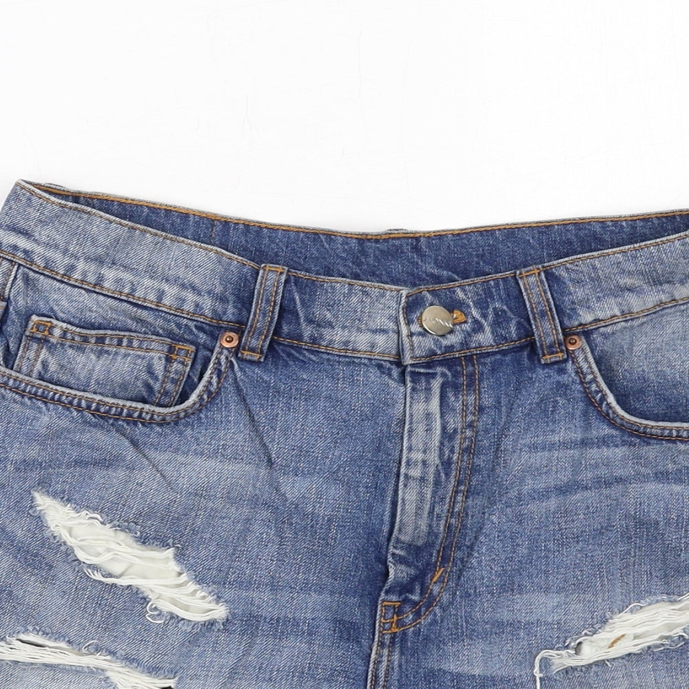 Monki Womens Blue Cotton Boyfriend Shorts Size 12 Regular Zip - Distressed Look