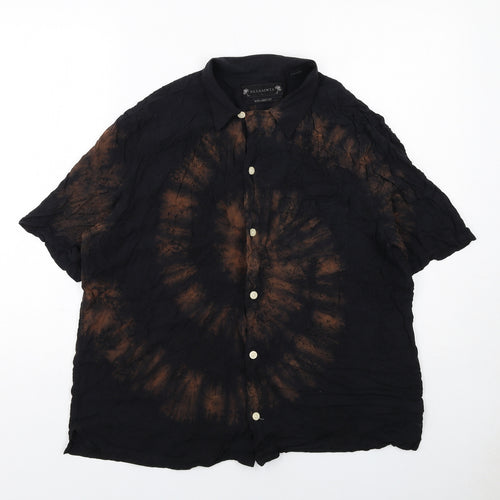 AllSaints Mens Black Geometric Viscose Button-Up Size L Collared Button - Tie dye effect