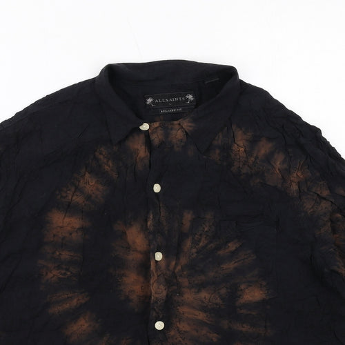 AllSaints Mens Black Geometric Viscose Button-Up Size L Collared Button - Tie dye effect