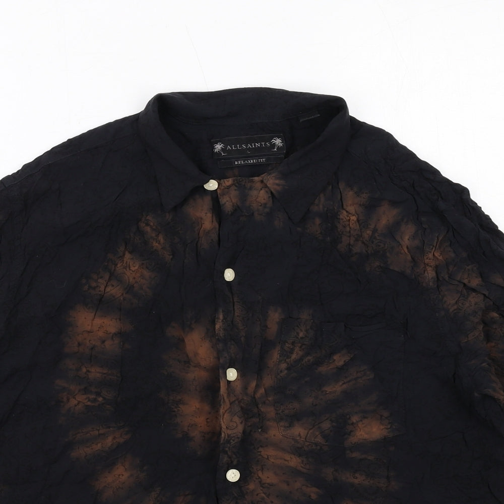 AllSaints Mens Black Geometric Viscose Button-Up Size L Collared Button - Tie dye effect