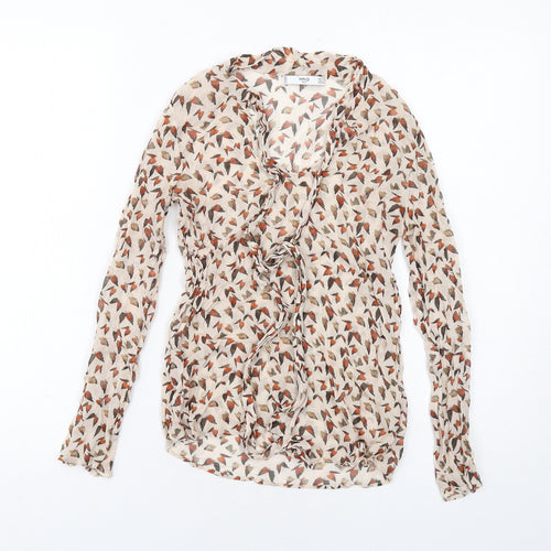 Mango Womens Beige Geometric Polyester Basic Blouse Size XS Scoop Neck - Tie Neck Detail