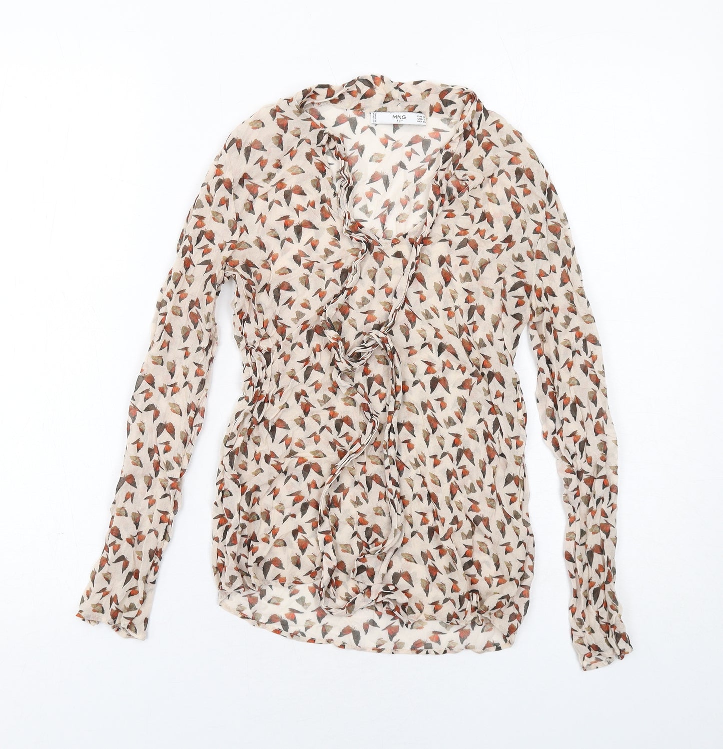 Mango Womens Beige Geometric Polyester Basic Blouse Size XS Scoop Neck - Tie Neck Detail