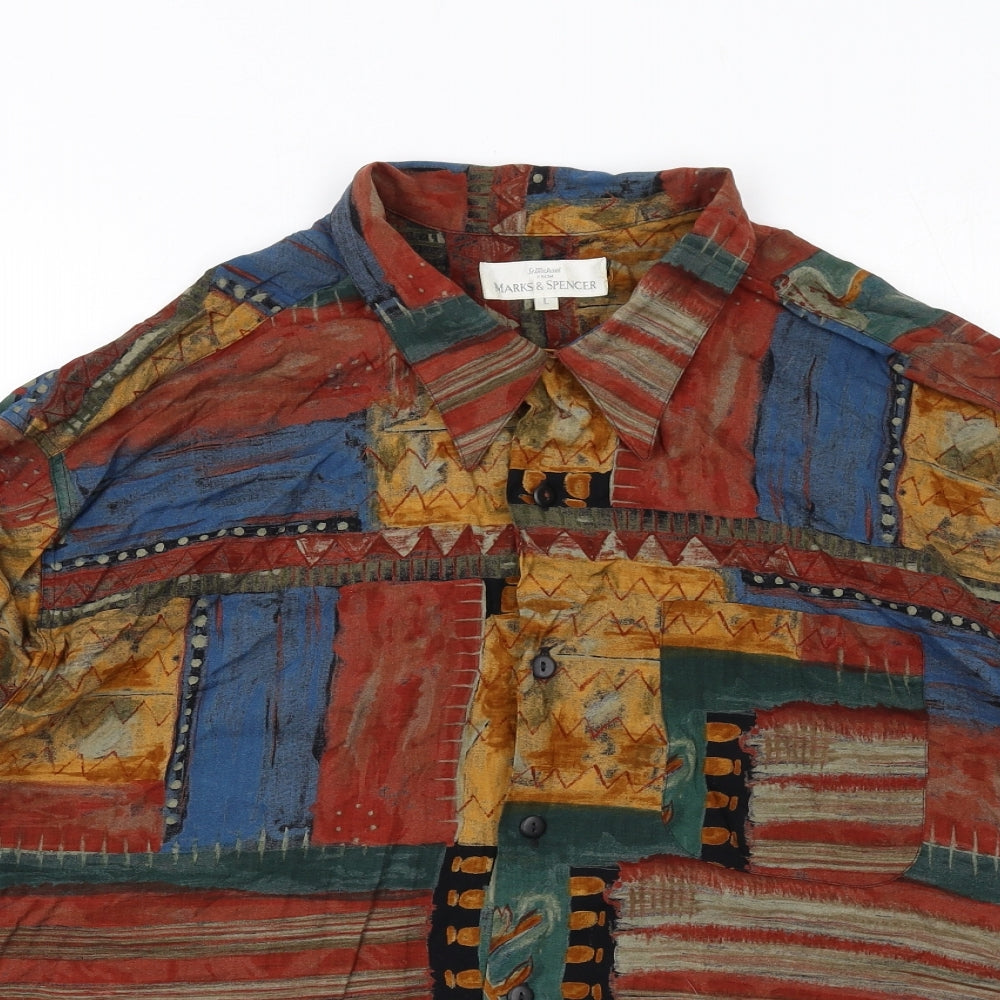 St Michael Mens Multicoloured Geometric Viscose Button-Up Size L Collared Button