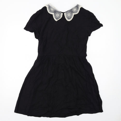 New Look Womens Black Cotton Fit & Flare Size 14 Collared Button - Lace Collar