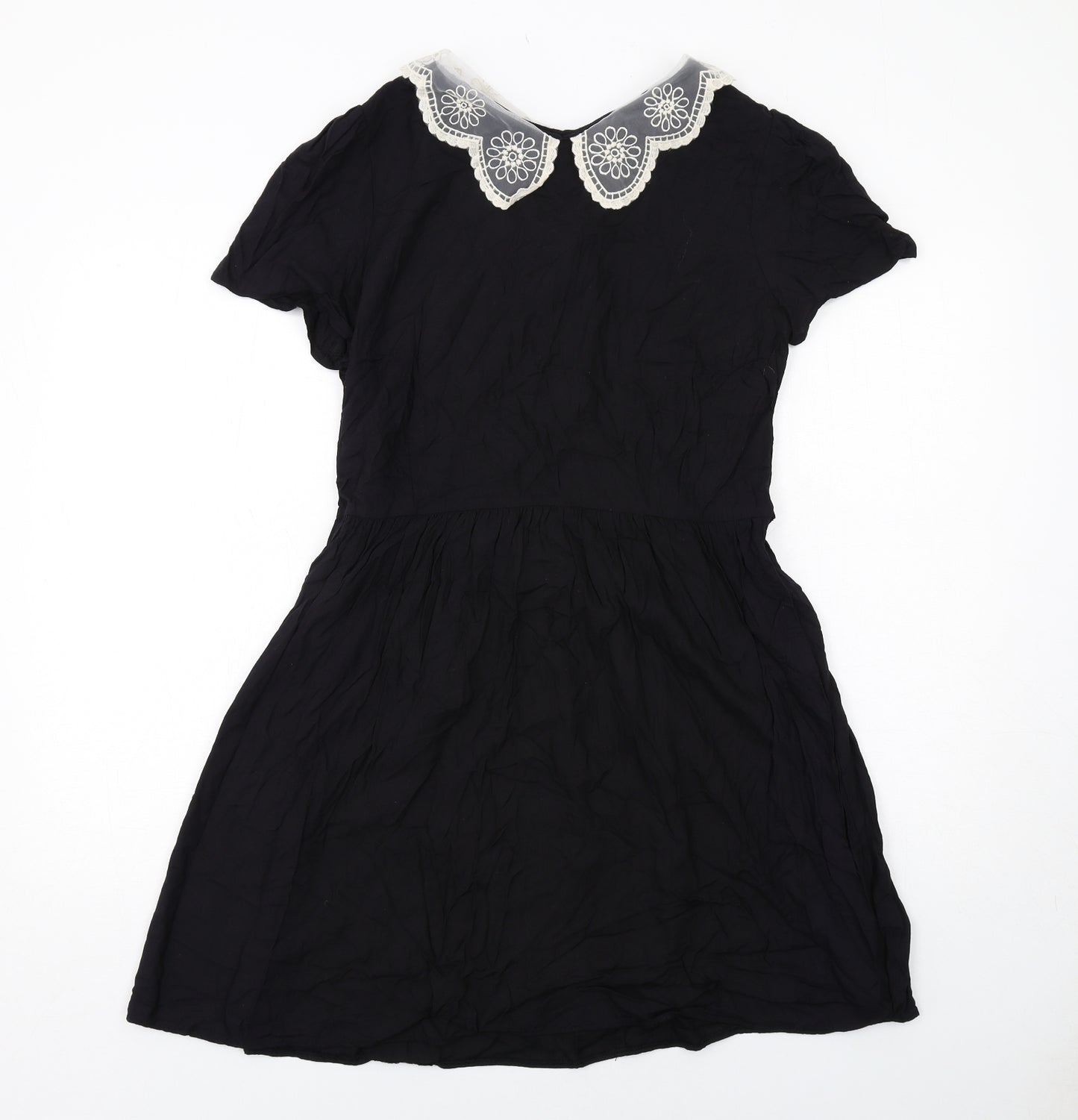 New Look Womens Black Cotton Fit & Flare Size 14 Collared Button - Lace Collar