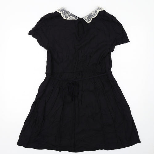 New Look Womens Black Cotton Fit & Flare Size 14 Collared Button - Lace Collar
