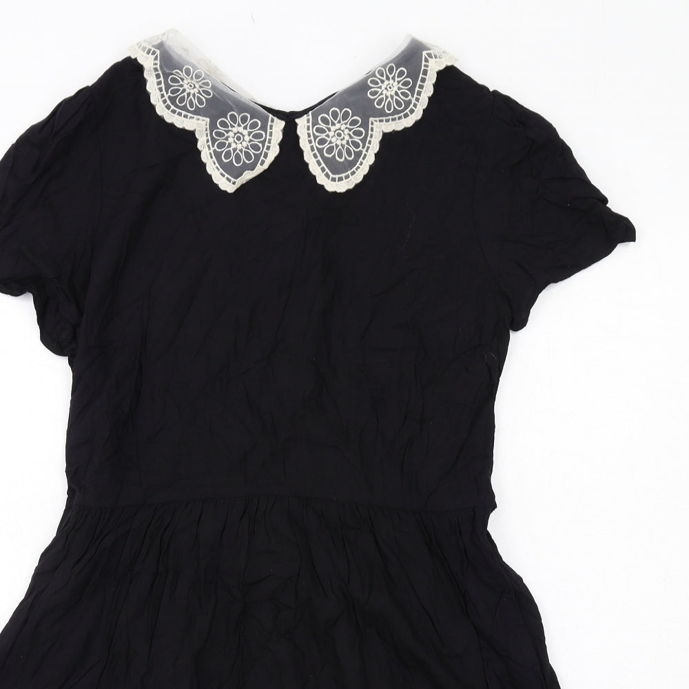 New Look Womens Black Cotton Fit & Flare Size 14 Collared Button - Lace Collar