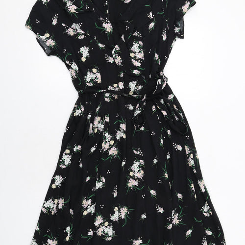 M&Co Womens Black Floral Viscose Fit & Flare Size 12 V-Neck Zip