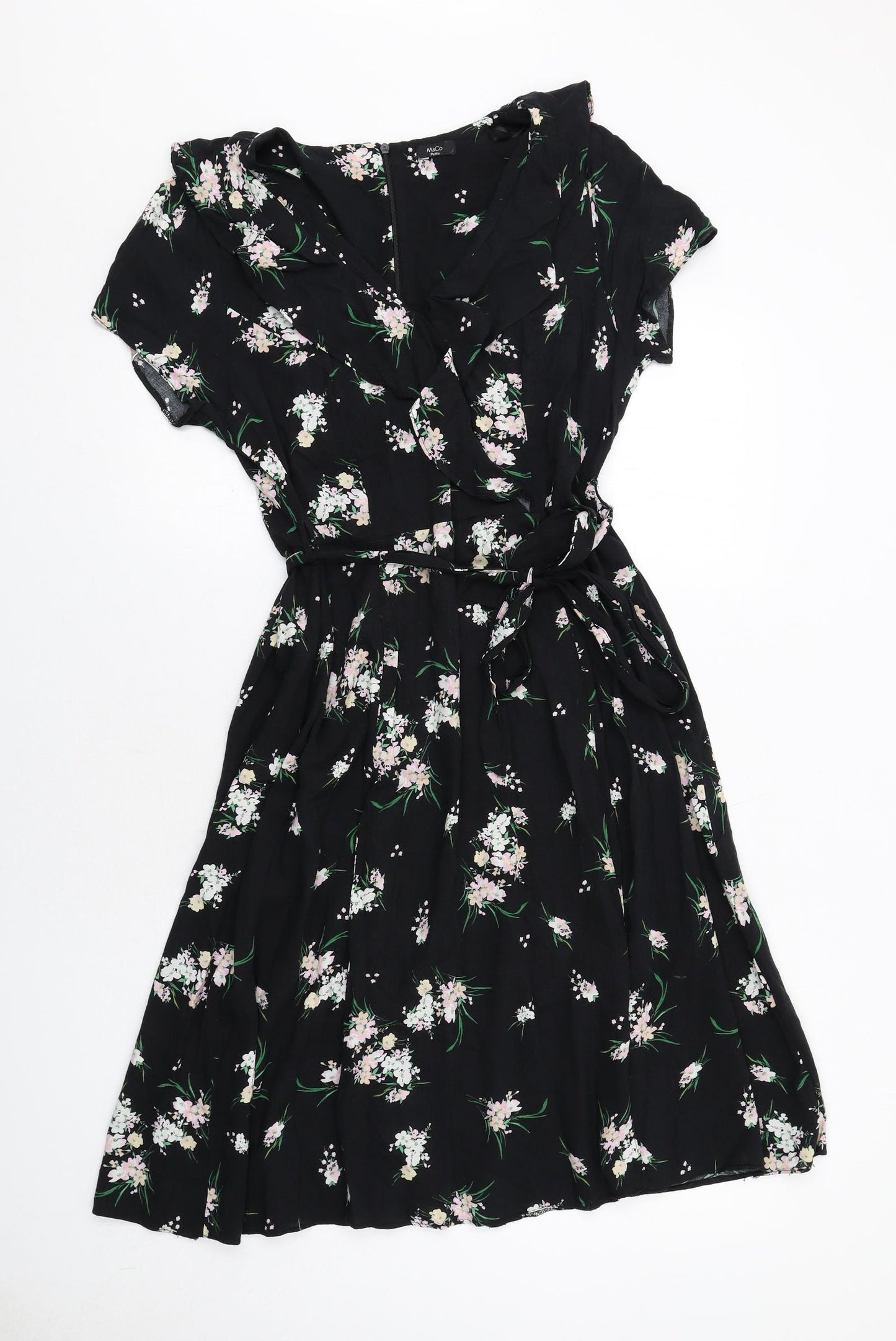M&Co Womens Black Floral Viscose Fit & Flare Size 12 V-Neck Zip