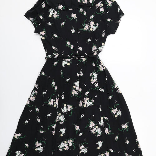 M&Co Womens Black Floral Viscose Fit & Flare Size 12 V-Neck Zip